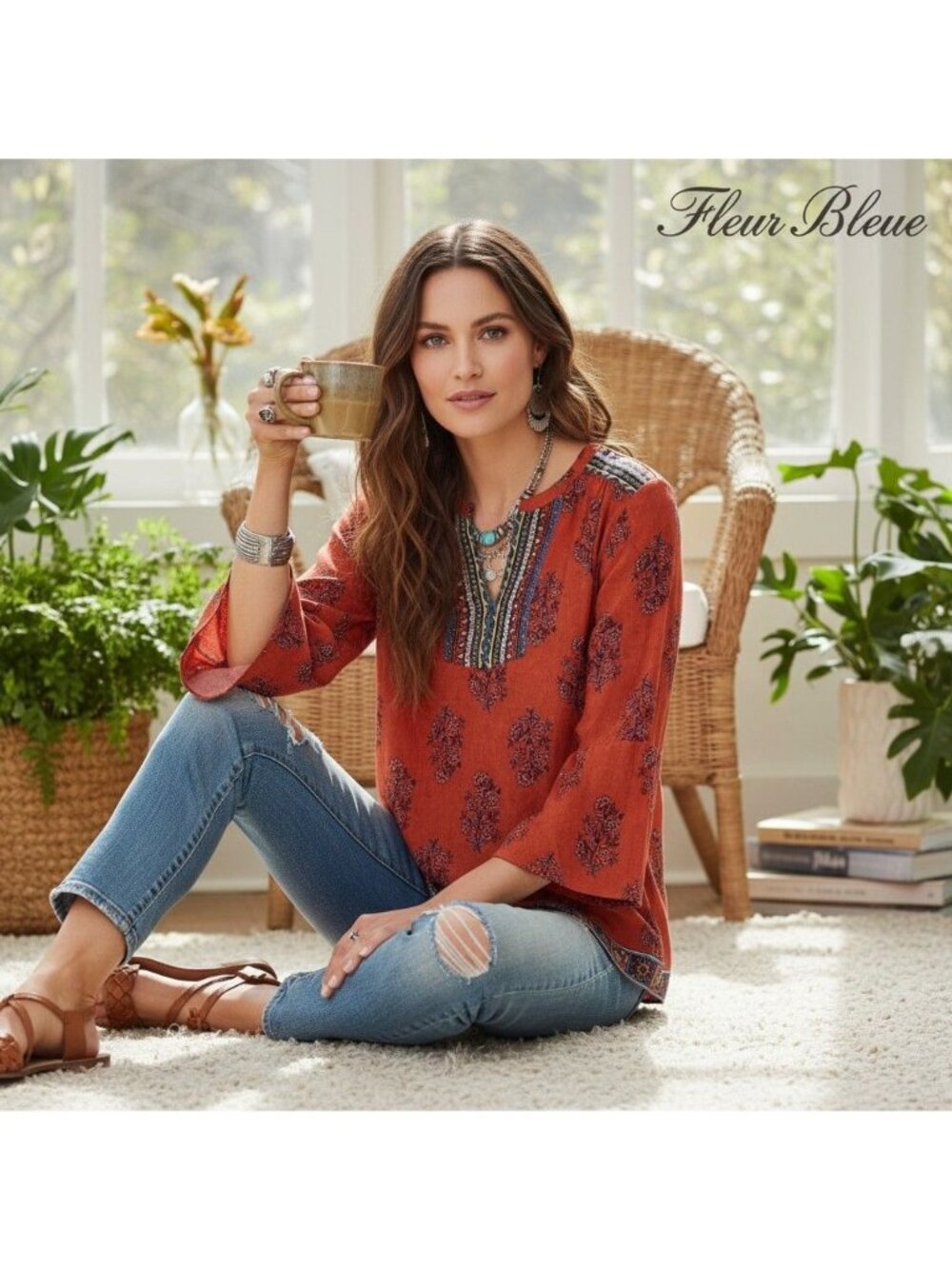 Fleur Bleue Tunic Style Boho-Chic or Bohemian Folk aesthetic 1970s Hippie (M)
